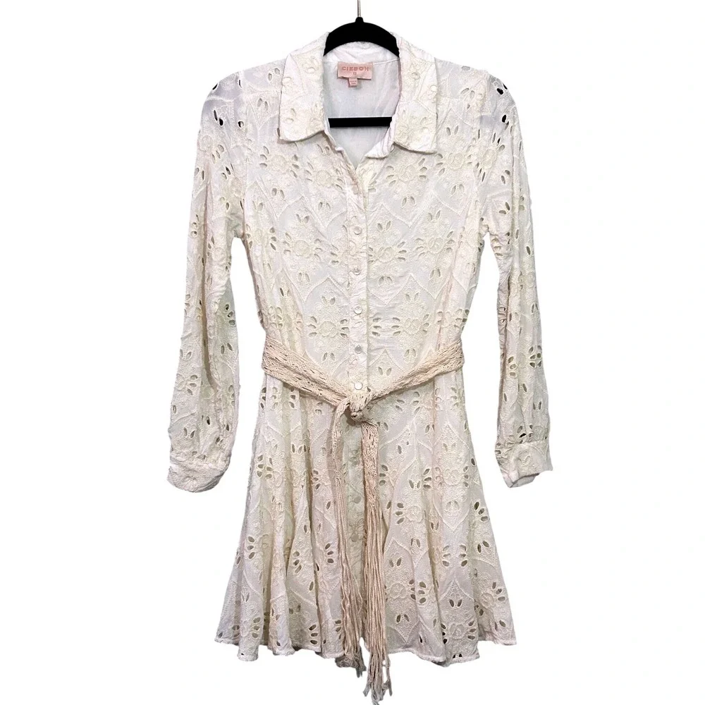 CIEBON Serane Embroidered Long Sleeve Mini Shirtdress Womens XSmall - Picture 3 of 11